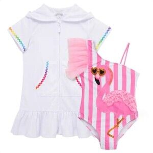 Flapdoodles 3T Pink Flamingo 2-piece Swim Set UPF Swimsuit + Coverup Dress NWT